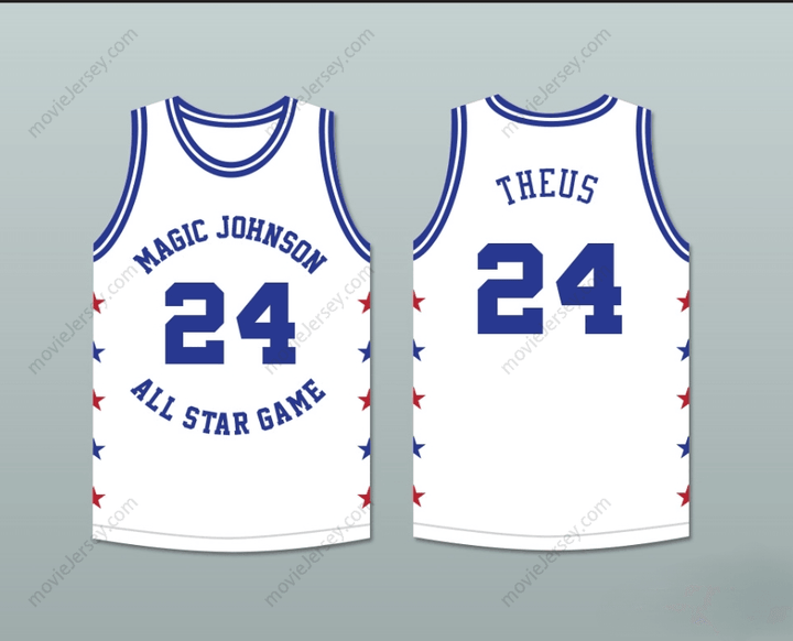 PERSONALIZA CUALQUIER Nombre Número REGGIE THEUS 24 MAGIC JOHNSON BALONCESTO ALL STAR GAME BLANCO JERSEY 1986 EVENTO DE CARIDAD MIDSUMMER NIGHT'S MAGIC Cosido Superior S-6XL