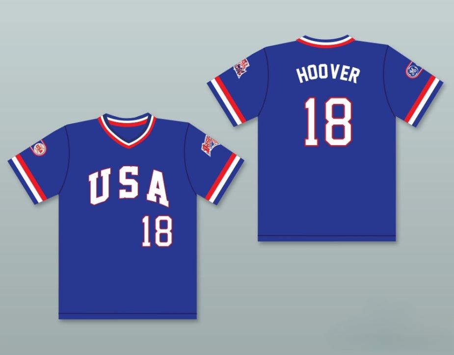 Personalizada Cualquier Nombre Número JOHN HOOVER 18 1984 CAMISETA DE BÉISBOL AZUL EQUIPO DE USA Talla cosida S-6XL