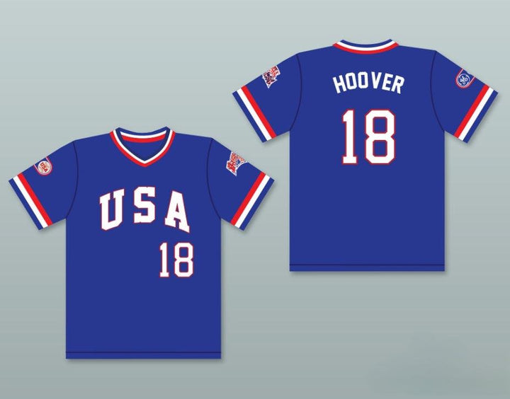 Personalizada Cualquier Nombre Número JOHN HOOVER 18 1984 CAMISETA DE BÉISBOL AZUL EQUIPO DE USA Talla cosida S-6XL