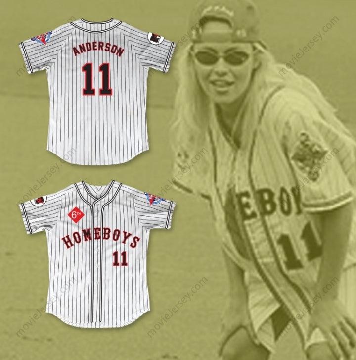 Camiseta de béisbol a rayas PAMELA ANDERSON 11 HOMEBOYS PERSONALIZADA con cualquier nombre y número del 6º Desafío Anual de Softbol Rock N' Jock 1995 con pespuntes en la parte superior, Tallas S-6XL