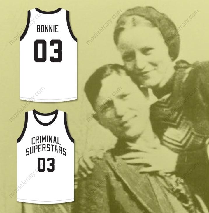 PERSONALIZA Cualquier Nombre Número BONNIE & CLYDE ESTRELLAS CRIMINALES BONNIE 03 CAMISETA BLANCA DE BALONCESTO con Costuras S-6XL