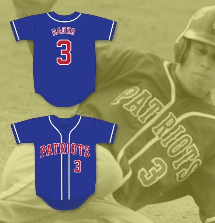 Camiseta de béisbol azul de los PATRIOTS de la escuela preparatoria OLD MILL con el número y nombre personalizados JOSH HADER 3, doble costura superior, tallas S-6XL