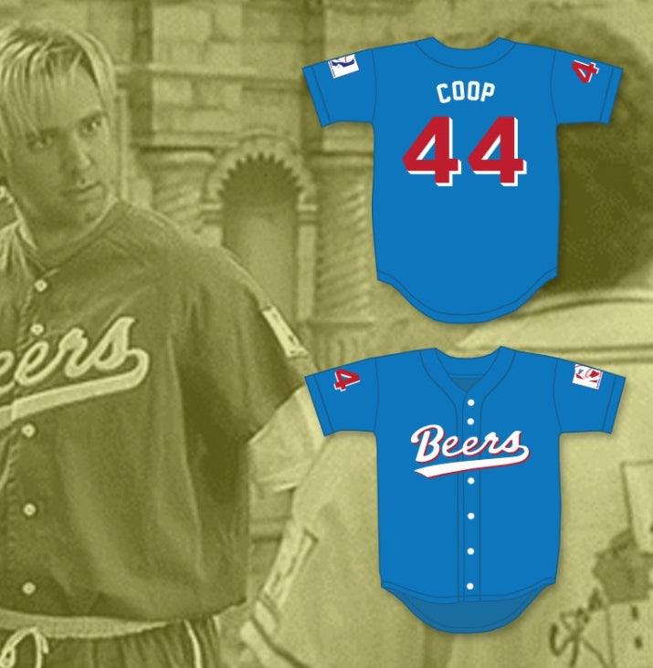 Personalizado Cualquier Nombre Número JOE 'COOP' COOPER 44 BEERS BASEKETBALL CAMISETA AZUL DE BÉISBOL Costuras Dobles S-6XL