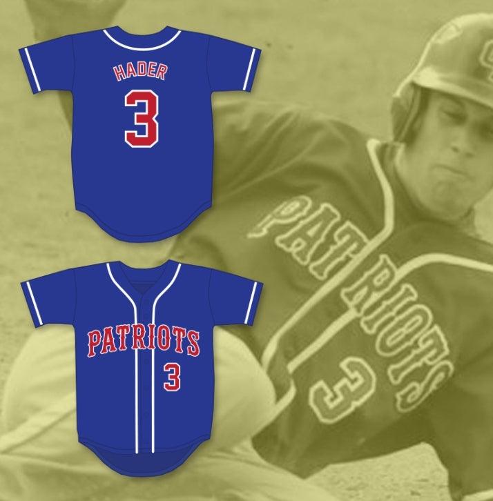 Camiseta de béisbol azul de los PATRIOTS de la ESCUELA SECUNDARIA OLD MILL de JOSH HADER #3 con nombre y número personalizados, doble costura, tallas S-6XL
