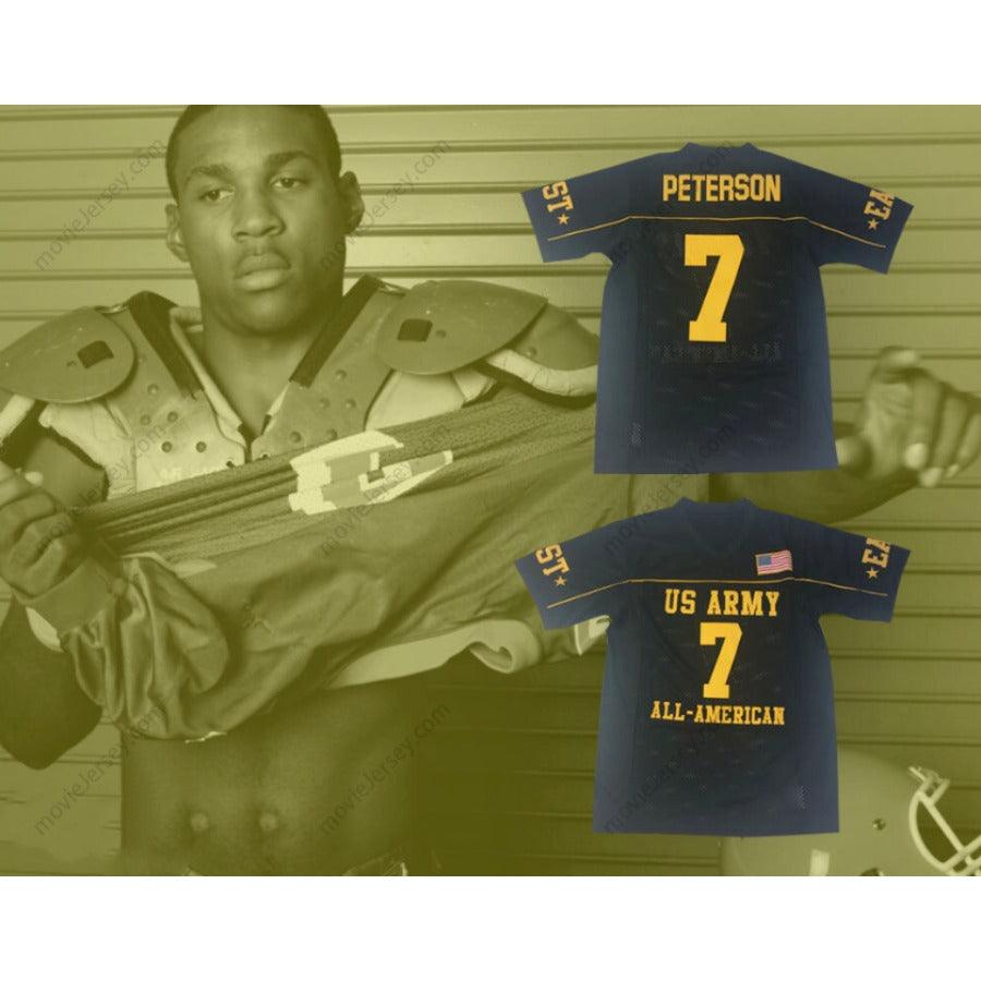 PERSONALIZA CUALQUIER Nombre Número PATRICK PETERSON 7 EJÉRCITO DE EE. UU. ESCUELA SECUNDARIA ALL-AMERICAN EAST CAMISETA DE FÚTBOL AMERICANA NEGRA Costuras Reforzadas S-6XL