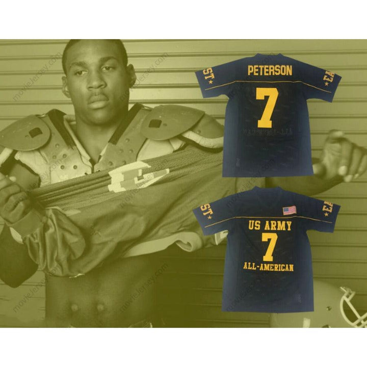 PERSONALIZA CUALQUIER Nombre Número PATRICK PETERSON 7 EJÉRCITO DE EE. UU. ESCUELA SECUNDARIA ALL-AMERICAN EAST CAMISETA DE FÚTBOL AMERICANA NEGRA Costuras Reforzadas S-6XL