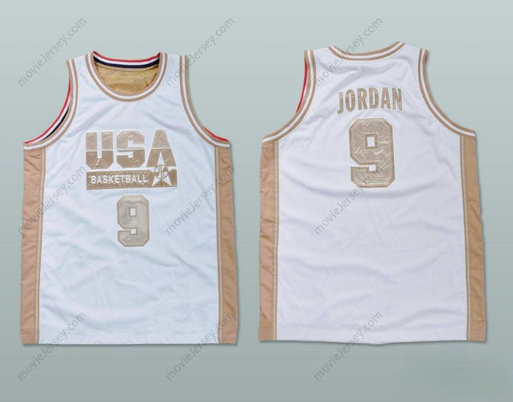 PERSONALIZA Cualquier Nombre Número MICHAEL Camiseta Baloncesto EEUU BLANCO Y ORO Cosido S-6XL