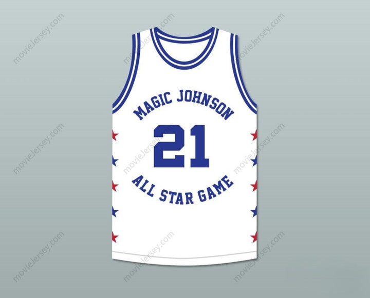PERSONALIZA CUALQUIER Nombre Número DOMINIQUE WILKINS 21 MAGIC JOHNSON PARTIDO DE ESTRELLAS CAMISETA BLANCA DE BALONCESTO 1990 EVENTO BENÉFICO DE VERANO "MIDSUMMER NIGHT'S MAGIC" Costura Superior S-6XL