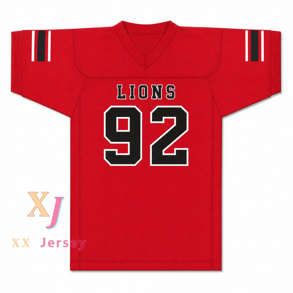 Marcel Andry 92 EMCC Lions Football Jersey — red front view