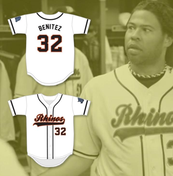 Personalizada Cualquier Nombre Número RAFFY BENITEZ 32 RHINOS CAMISETA DE BÉISBOL BLANCA CON PARCHE LLAVE & PEELE SLAP ASS Confección Superior S-6XL