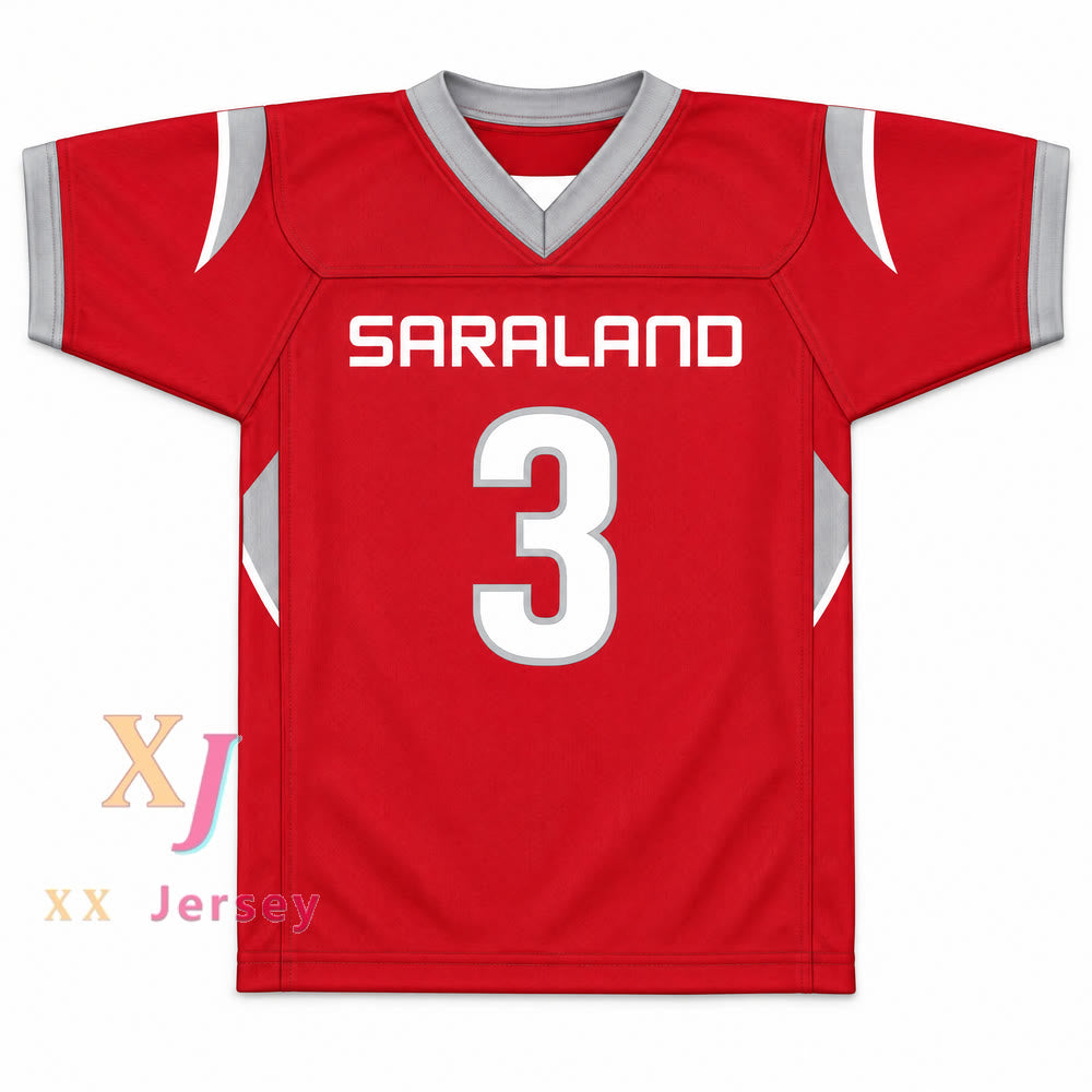 CAMISETA DE FÚTBOL COSIDA PERSONALIZADA CON CUALQUIER NOMBRE Y NÚMERO DE VELUS JONES JR. #3 DE LOS SARALAND HIGH SCHOOL SPARTANS TALLAS S-6XL
