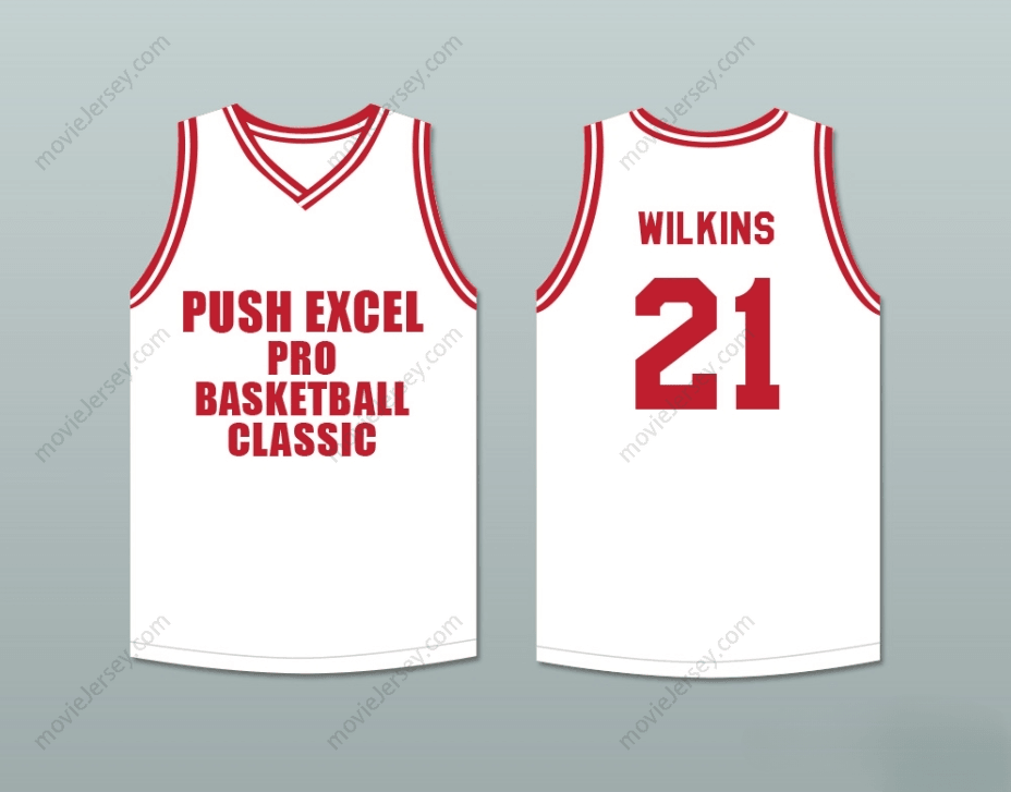 Camiseta de baloncesto blanca clásica DOMINIQUE WILKINS 21 PUSH EXCEL PRO BASKETBALL EVENTO BENÉFICO 1988 con nombre y número PERSONALIZADOS, costura superior, tallas S-6XL