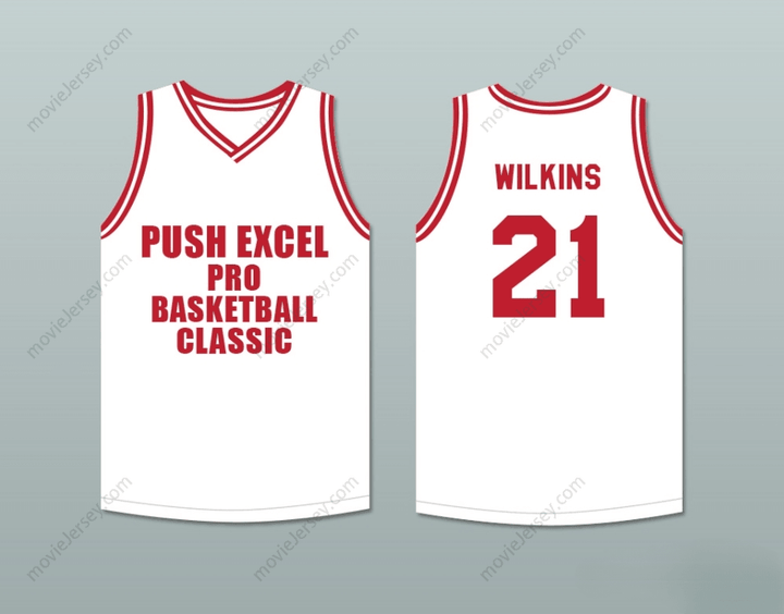 Camiseta de baloncesto blanca clásica DOMINIQUE WILKINS 21 PUSH EXCEL PRO BASKETBALL EVENTO BENÉFICO 1988 con nombre y número PERSONALIZADOS, costura superior, tallas S-6XL