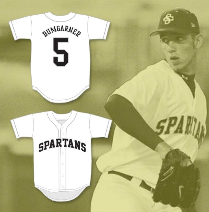 Camiseta de béisbol blanca personalizada con el nombre y número MADISON BUMGARNER 5 de SPARTANS de escuela secundaria, con costuras superiores, tallas S-6XL