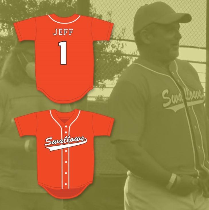 Camiseta de béisbol naranja con el nombre y número personalizados JEFF TREMAINE 1 SWALLOWS PLAY BALL, cosida, tallas S-6XL