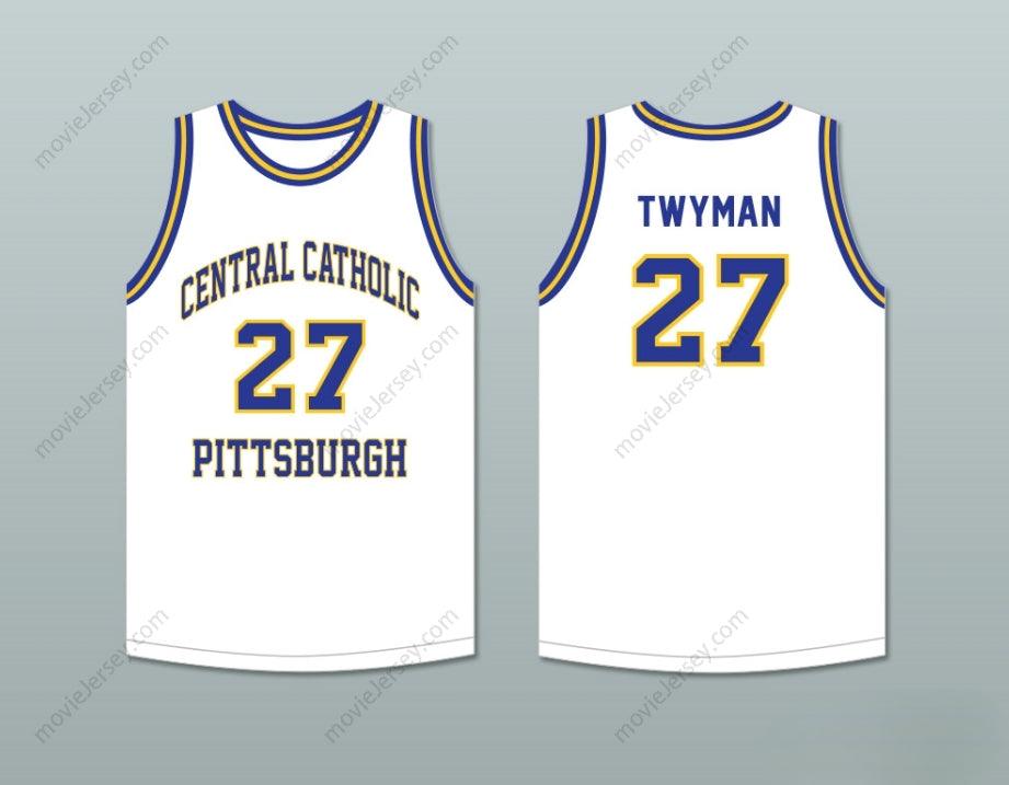 PERSONALIZABLE Cualquier Nombre Número JACK TWYMAN 27 CENTRAL CATHOLIC HIGH SCHOOL PITTSBURGH VIKINGS Camiseta Baloncesto BLANCA Cosido S-6XL