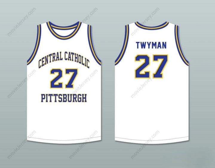 PERSONALIZABLE Cualquier Nombre Número JACK TWYMAN 27 CENTRAL CATHOLIC HIGH SCHOOL PITTSBURGH VIKINGS Camiseta Baloncesto BLANCA Cosido S-6XL