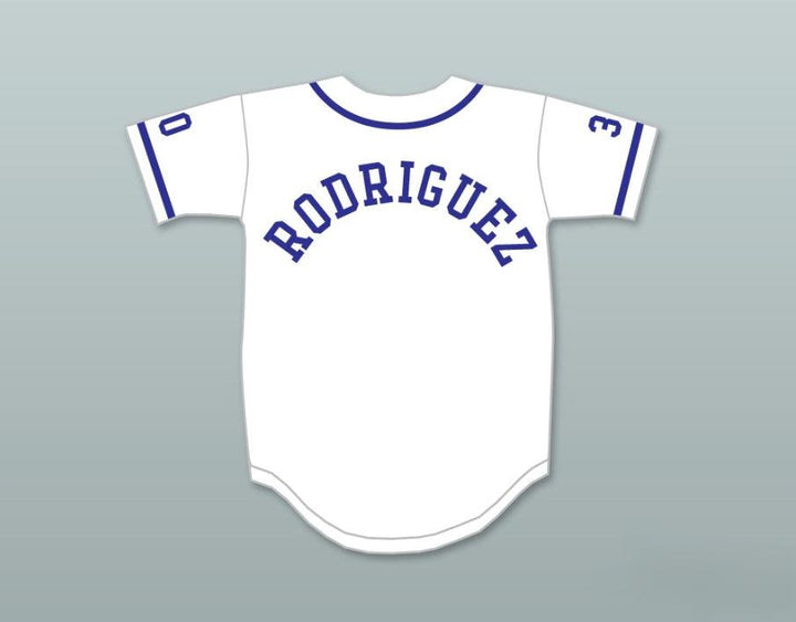 Camiseta de béisbol blanca con el número y nombre personalizados MIKE VITAR BENNY 'THE JET' RODRIGUEZ 30 THE SANDLOT Tallas S-6XL