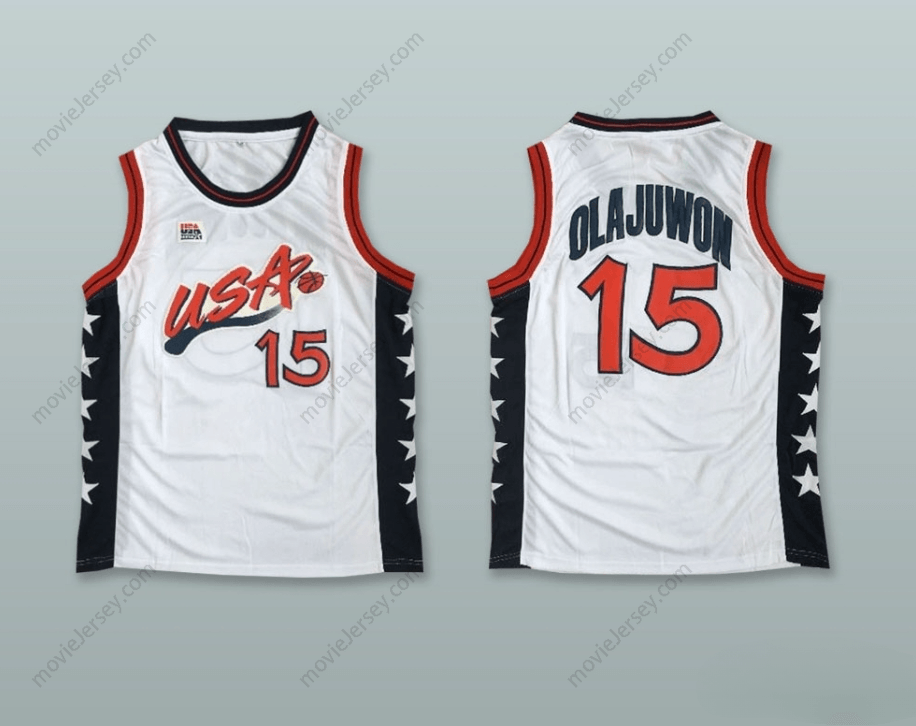 PERSONALIZA Cualquier Nombre Número 1996 HAKEEM OLAJUWON 15 USA TEAM CAMISETA DE BALONCESTO LOCAL Parte Superior Cosida S-6XL