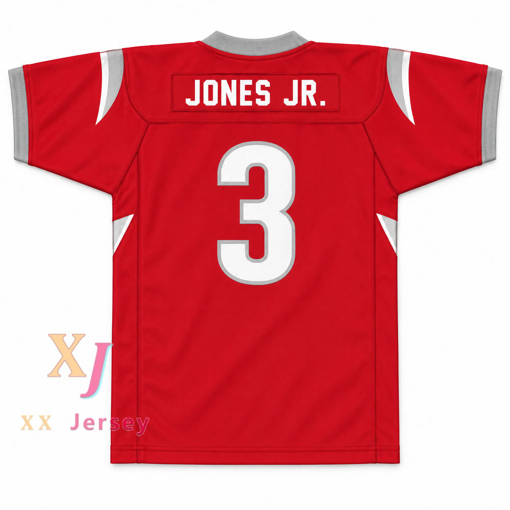 CAMISETA DE FÚTBOL COSIDA PERSONALIZADA CON CUALQUIER NOMBRE Y NÚMERO DE VELUS JONES JR. #3 DE LOS SARALAND HIGH SCHOOL SPARTANS TALLAS S-6XL