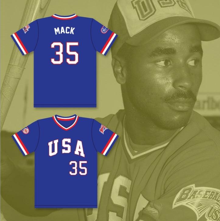 Camiseta de béisbol azul SHANE MACK 35 1984 USA TEAM, con número y nombre personalizados, cosida, tallas S-6XL