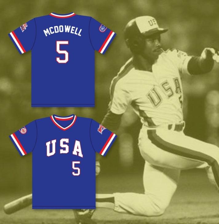 Camiseta de béisbol personalizada con cualquier nombre y número ODDIBE MCDOWELL 5 1984 USA TEAM AZUL Parte superior cosida S-6XL