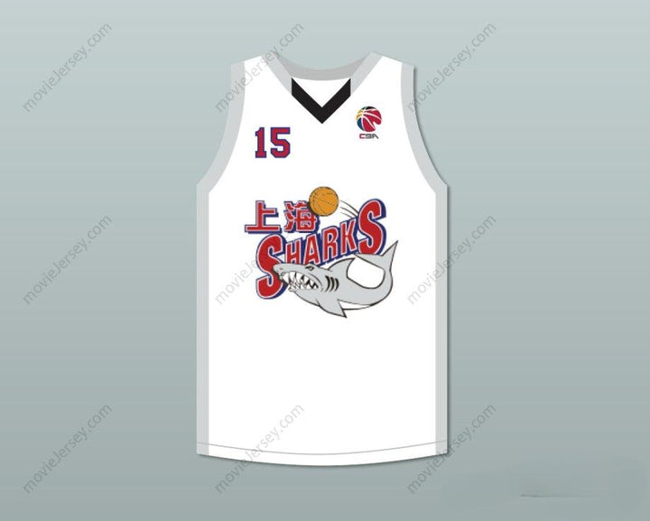 CAMISETA DE BALONCESTO BLANCA ALTERNATIVA DE LOS SHANGHAI SHARKS DE YAO MING 15 CON PARCHE DE LA CBA, NÚMERO Y NOMBRE PERSONALIZADO, Tallas S-6XL