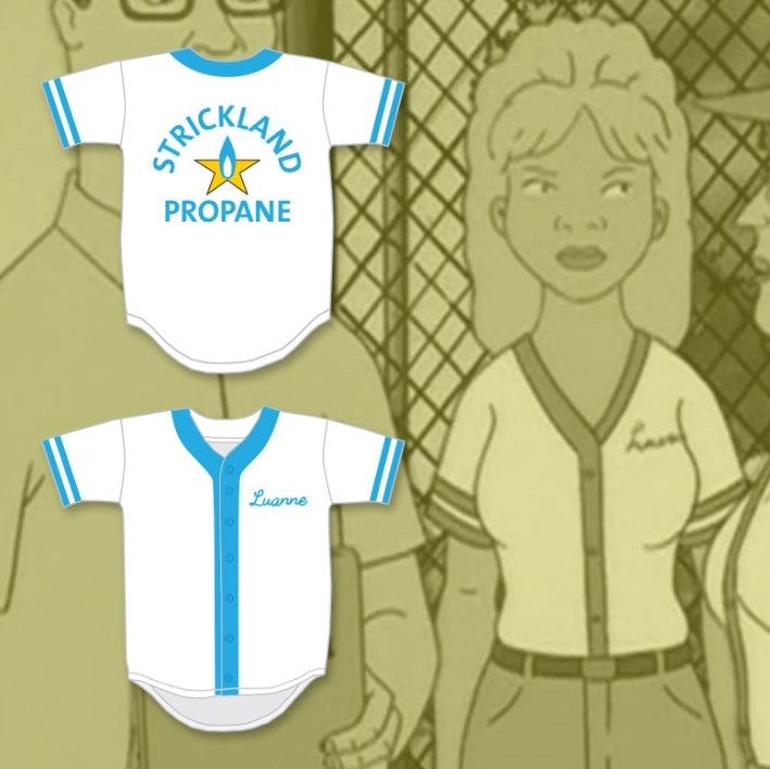 Camiseta de béisbol con nombre y número personalizados LUANNE PLATTER STRICKLAND PROPANE SOFTBALL TEAM con costuras superiores S-6XL