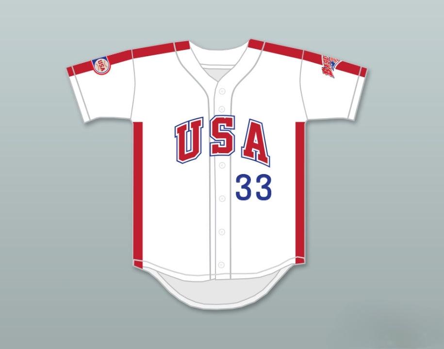 Camiseta de béisbol con botones blancos del equipo de EE. UU. de 1984, con el nombre y número personalizados BOB CAFFREY 33, tallas S-6XL