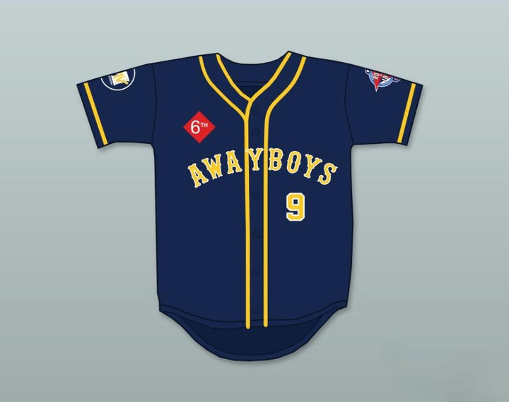 Camiseta de béisbol personalizada con cualquier nombre y número JON STEWART 9 AWAYBOYS 6º DESAFÍO ANUAL DE SÓFTBOL ROCK N' JOCK 1995 Costura superior S-6XL