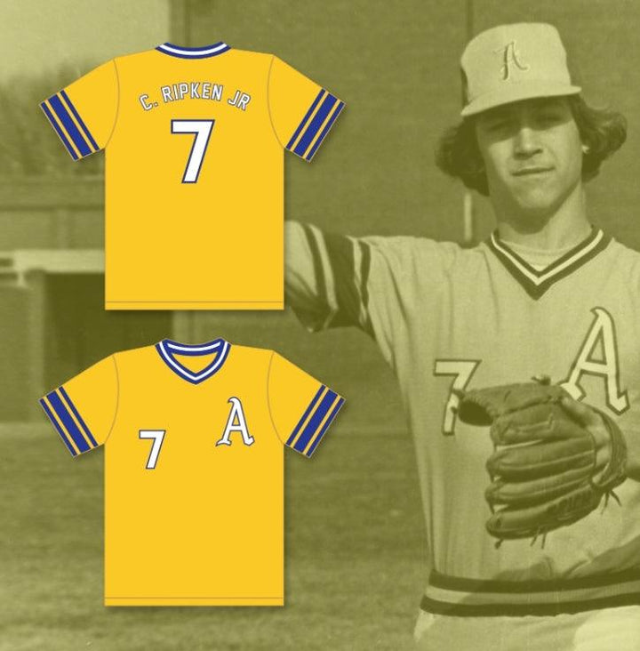 Camiseta de béisbol amarilla CAL RIPKEN JR 7 ABERDEEN HIGH SCHOOL, personalizada con cualquier nombre y número, 2 costuras superiores S-6XL