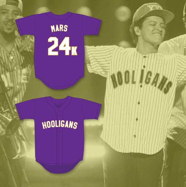 Camiseta de béisbol personalizada con cualquier nombre y número BRUNO MARS 24K HOOLIGANS PÚRPURA BET AWARDS con costuras superiores S-6XL