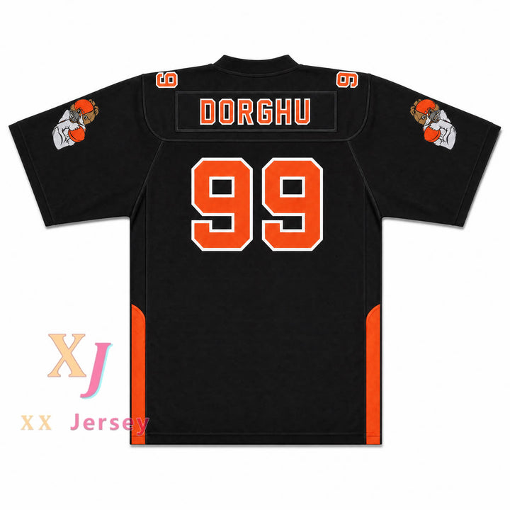 CAMISETA DE FÚTBOL DORGHU 99 ORC FOGTEETH, NEGRO/NARANJA, CON PARCHES PERSONALIZADOS Y DOBLE COSTURA, TALLAS S-6XL