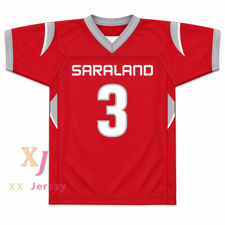CAMISETA DE FÚTBOL COSIDA PERSONALIZADA CON CUALQUIER NOMBRE Y NÚMERO DE VELUS JONES JR. #3 DE LOS SARALAND HIGH SCHOOL SPARTANS TALLAS S-6XL