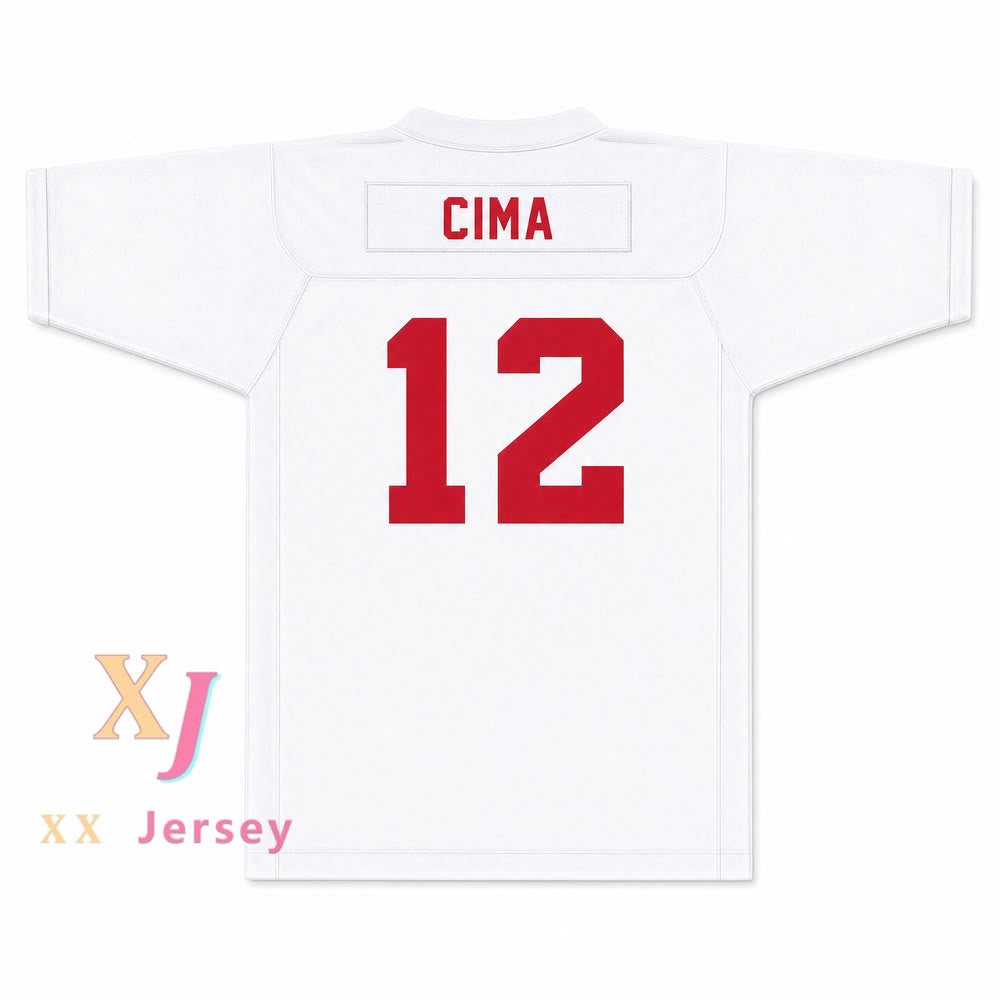 Greg Cima 12 Mustangs High School White Practice Football Jersey — white back view