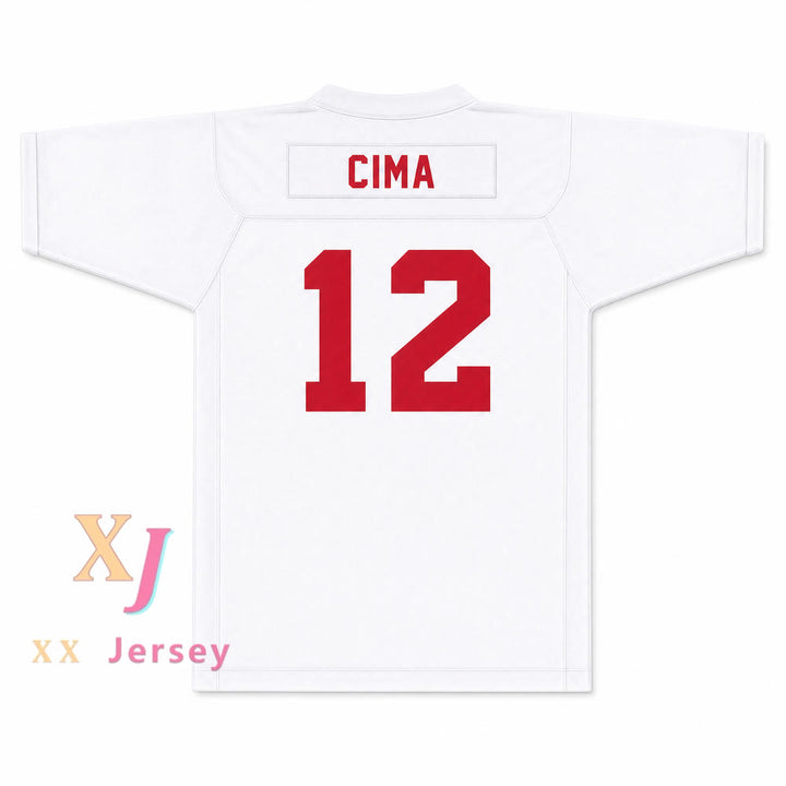Greg Cima 12 Mustangs High School White Practice Football Jersey — white back view