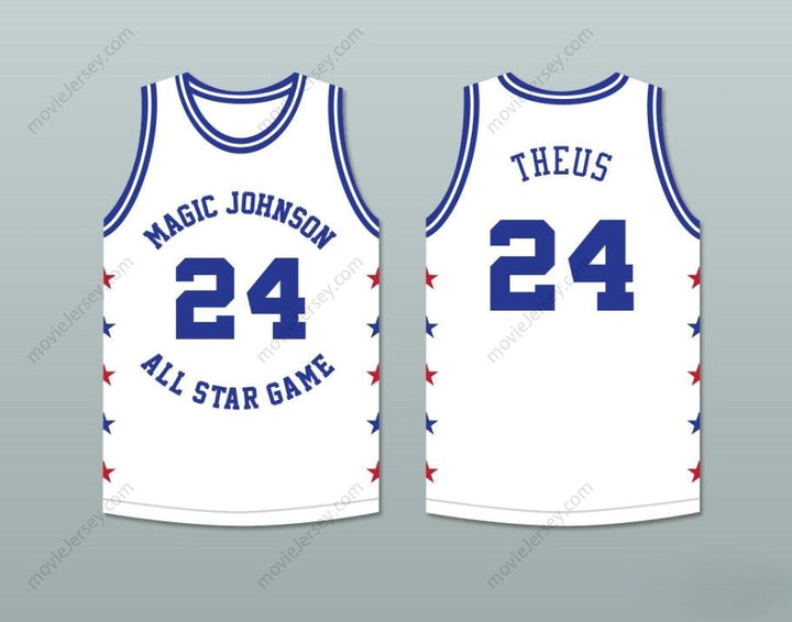 PERSONALIZADO Cualquier Nombre Número REGGIE THEUS 24 MAGIC JOHNSON ALL STAR GAME CAMISETA DE BALONCESTO BLANCA 1988 EVENTO BENÉFICO MIDSUMMER NIGHT'S MAGIC Cosido Superior S-6XL