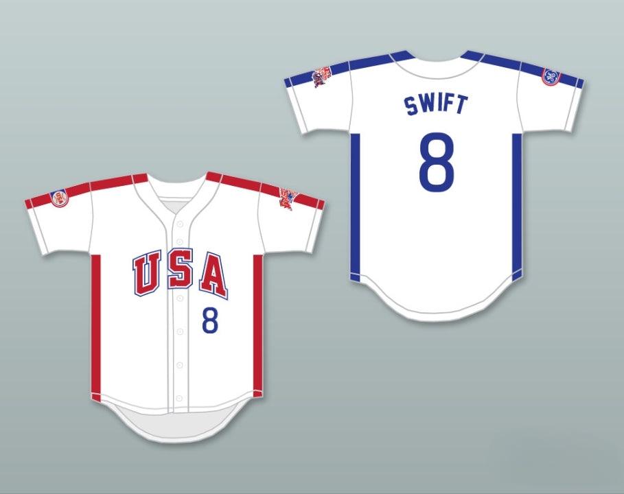 Camiseta de béisbol con botones y costuras en blanco del equipo de EE. UU. 1984 de BILL SWIFT 8, personalizada con cualquier nombre y número, tallas S-6XL