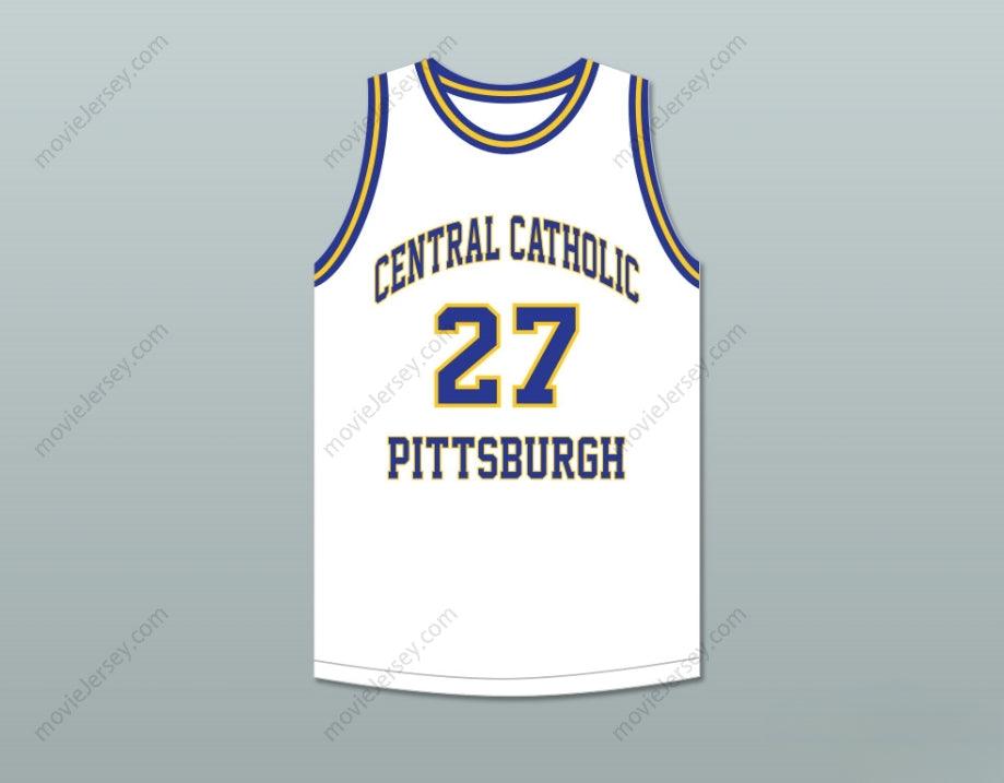 PERSONALIZABLE Cualquier Nombre Número JACK TWYMAN 27 CENTRAL CATHOLIC HIGH SCHOOL PITTSBURGH VIKINGS Camiseta Baloncesto BLANCA Cosido S-6XL