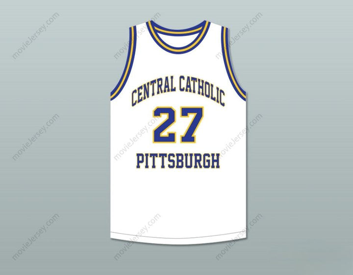 PERSONALIZABLE Cualquier Nombre Número JACK TWYMAN 27 CENTRAL CATHOLIC HIGH SCHOOL PITTSBURGH VIKINGS Camiseta Baloncesto BLANCA Cosido S-6XL