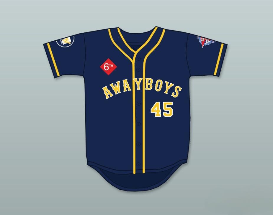 Camiseta de béisbol personalizada con cualquier nombre y número BELLE 45 AWAYBOYS 6º ANUAL ROCK N' JOCK SOFTBALL CHALLENGE 1995 con costura superior S-6XL