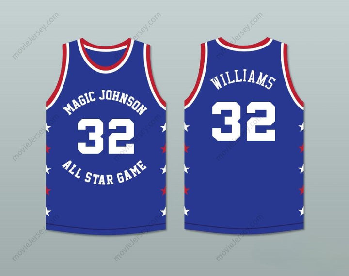 PERSONALIZA CUALQUIER Nombre Número HERB WILLIAMS 32 MAGIC JOHNSON ALL STAR GAME AZUL BALONCESTO JERSEY 1986 MIDSUMMER NIGHT'S MAGIC EVENTO BENÉFICO Costura Superior S-6XL