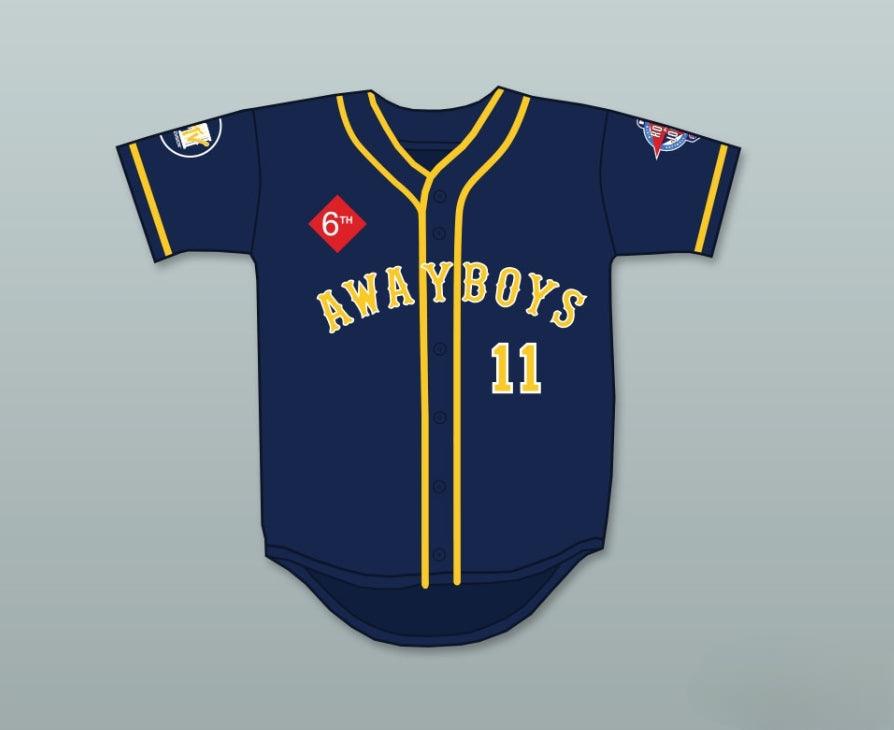 Camiseta de béisbol personalizada con cualquier nombre y número ERIC NIES 11 AWAYBOYS 6º DESAFÍO ANUAL DE SOFTBOL ROCK N' JOCK 1995 Costuras superiores S-6XL