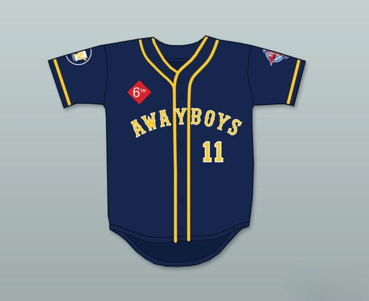 Camiseta de béisbol personalizada con cualquier nombre y número ERIC NIES 11 AWAYBOYS 6º DESAFÍO ANUAL DE SOFTBOL ROCK N' JOCK 1995 Costuras superiores S-6XL