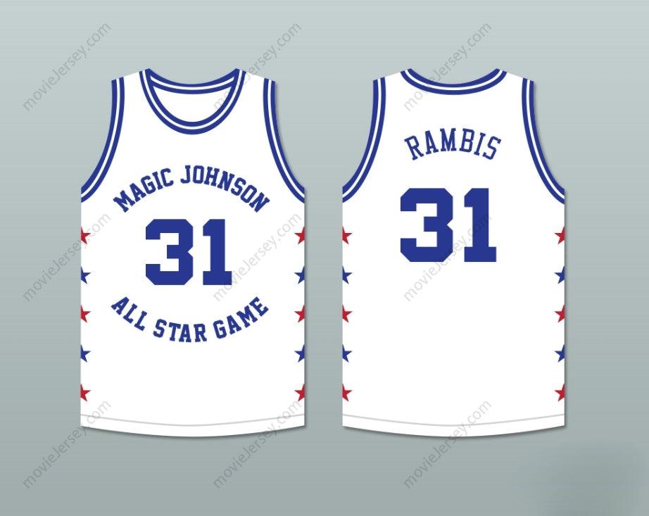 CAMISETA DE BALONCESTO BLANCA CUALQUIER Nombre Número KURT RAMBIS 31 MAGIC JOHNSON ALL STAR GAME 1989 EVENTO BENÉFICO MIDSUMMER NIGHT'S MAGIC Tallas S-6XL Bordada