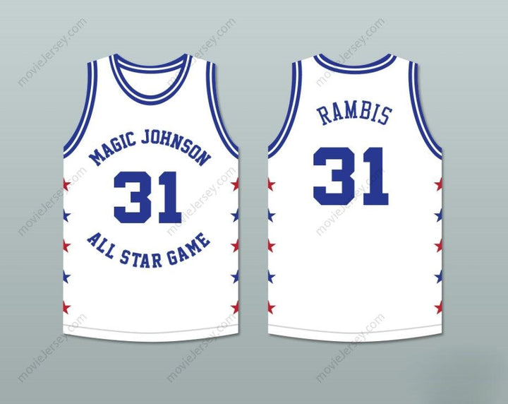 CAMISETA DE BALONCESTO BLANCA CUALQUIER Nombre Número KURT RAMBIS 31 MAGIC JOHNSON ALL STAR GAME 1989 EVENTO BENÉFICO MIDSUMMER NIGHT'S MAGIC Tallas S-6XL Bordada
