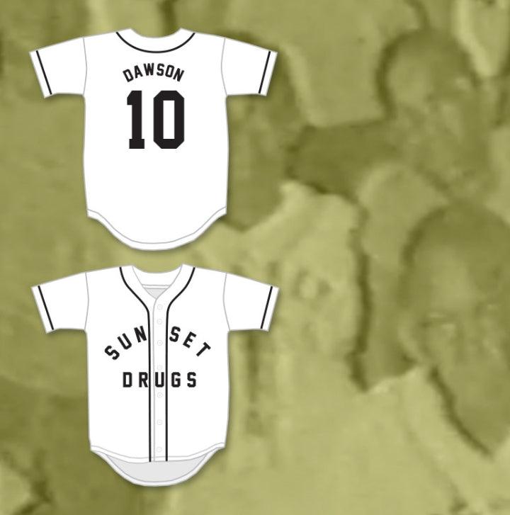 Camiseta de béisbol blanca de Ligas Pequeñas con nombre y número de Andre Dawson 10 SUNSET DRUGS, doble costura, tallas S-6XL