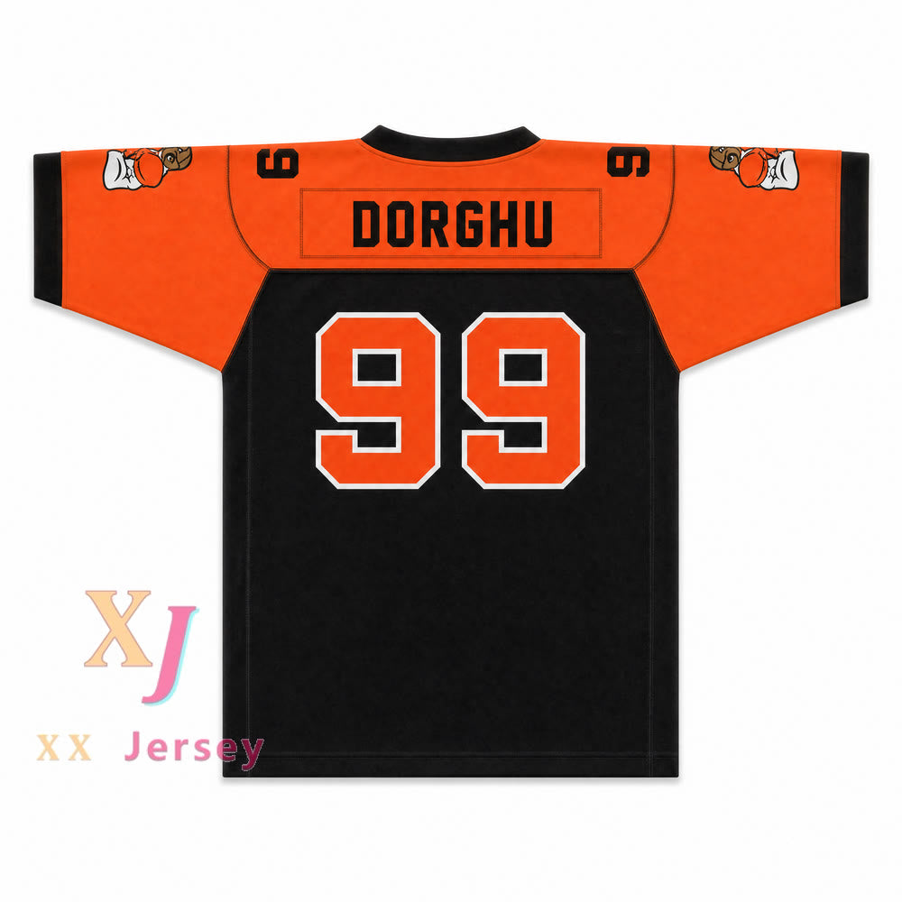 CAMISETA DE FÚTBOL DORGHU 99 ORC FOGTEETH, NEGRO/NARANJA, CON PARCHES PERSONALIZADOS Y DOBLE COSTURA, TALLAS S-6XL