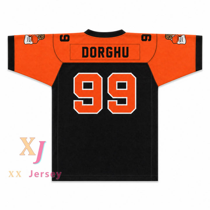 CAMISETA DE FÚTBOL DORGHU 99 ORC FOGTEETH, NEGRO/NARANJA, CON PARCHES PERSONALIZADOS Y DOBLE COSTURA, TALLAS S-6XL