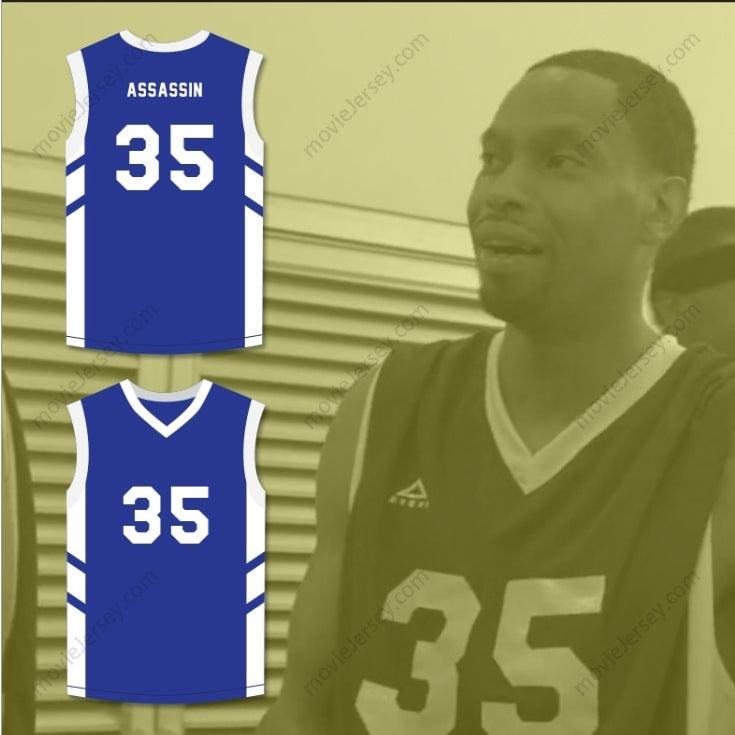 CAMISETA DE BALONCESTO AZUL PERSONALIZADA CON NOMBRE Y NÚMERO JERRY 'ASSASSIN' DUPREE 35 DENNIS RODMAN'S BIG BANG IN PYONGYANG Costuras superiores S-6XL